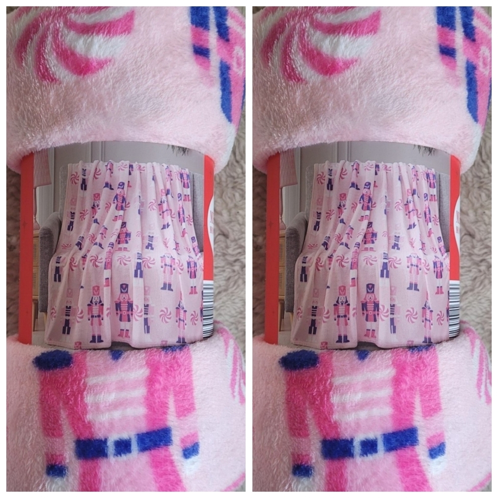 Bundle 2 Christmas Throw Blankets Pink Nutcracker & Candies 50"x60" soft fleece